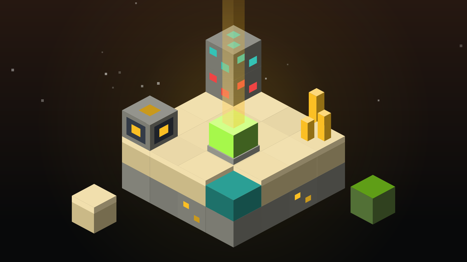 Isometric block illustration with a glowing green core and connected components